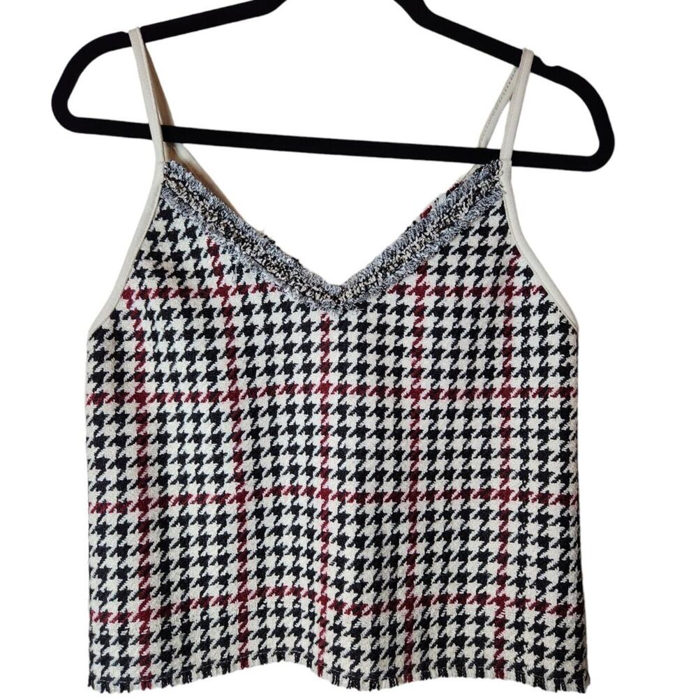 Zara Basic Houndstooth Knit and Faux Suede Back Tank Top Shirt Strap Retro Small